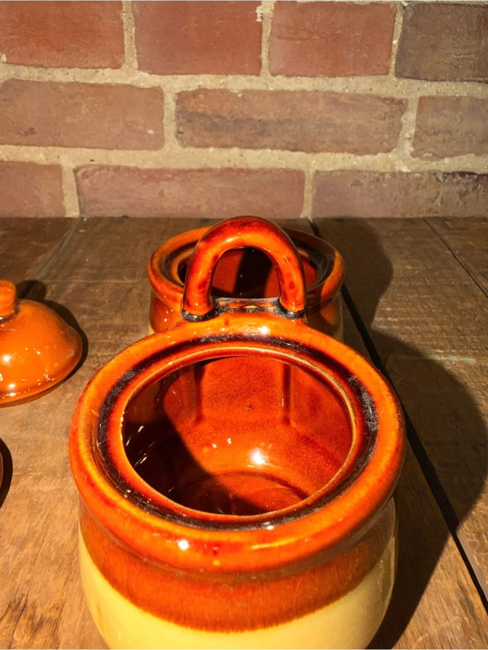 Vintage Two-Piece Ceramic Condiment Set in Brown and Yellow